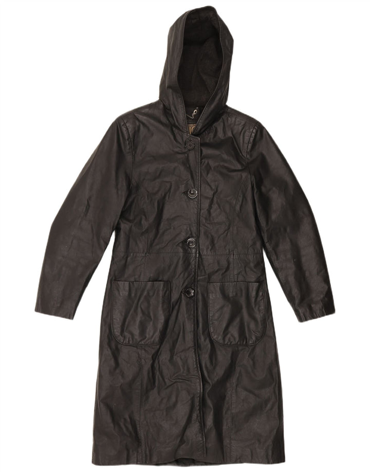 Casaco de couro com capuz feminino vintage IT 44 couro preto médio