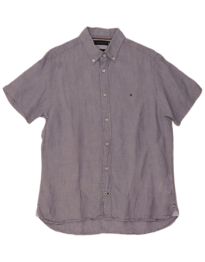 Camisa masculina TOMMY HILFIGER manga curta regular fit linho azul médio