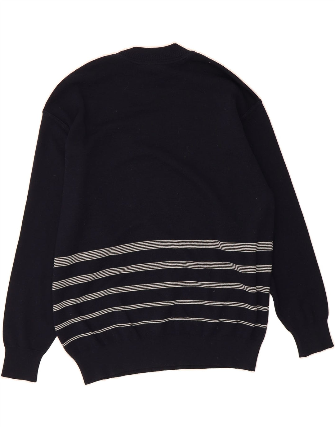 MALAGRIDA Mens Graphic Crew Neck Jumper Sweater Large Navy Blue Striped Vintage Malagrida and Second-Hand Malagrida from Messina Hembry 