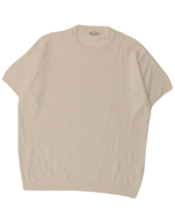 Zara Suéter masculino de manga curta com gola redonda, grande algodão branco