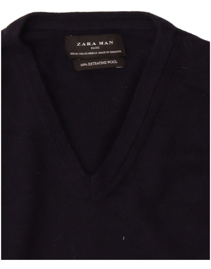 Zara Suéter masculino com gola V e lã azul marinho médio