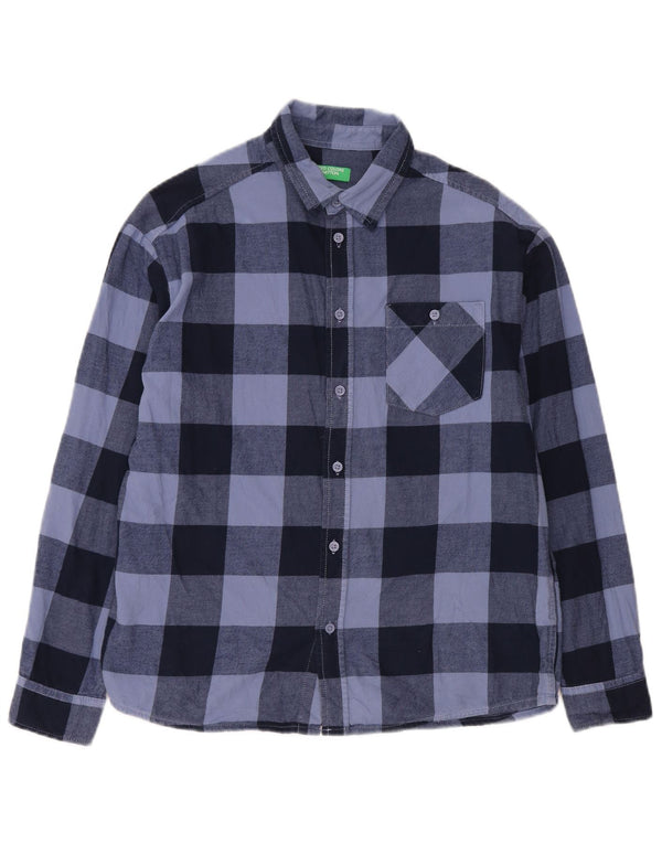 Camisa de flanela Benetton Boys 13-14 anos 3XL algodão guingão azul