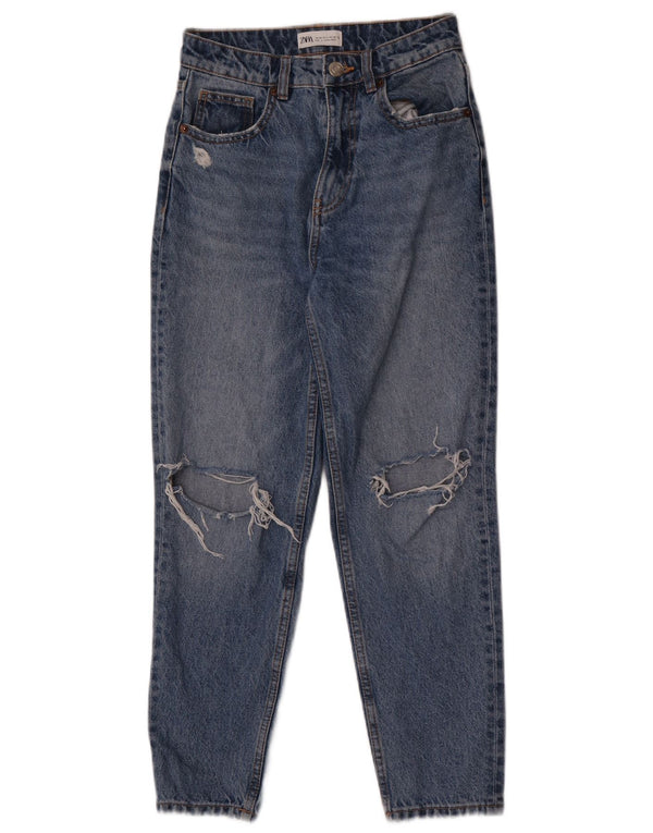 Zara Jeans feminino angustiado cônico EU 36 XS W26 L27 algodão azul