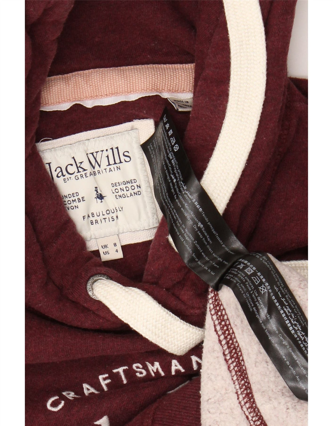 Jack Wills moletom feminino com capuz gráfico Reino Unido 8 pequeno algodão borgonha
