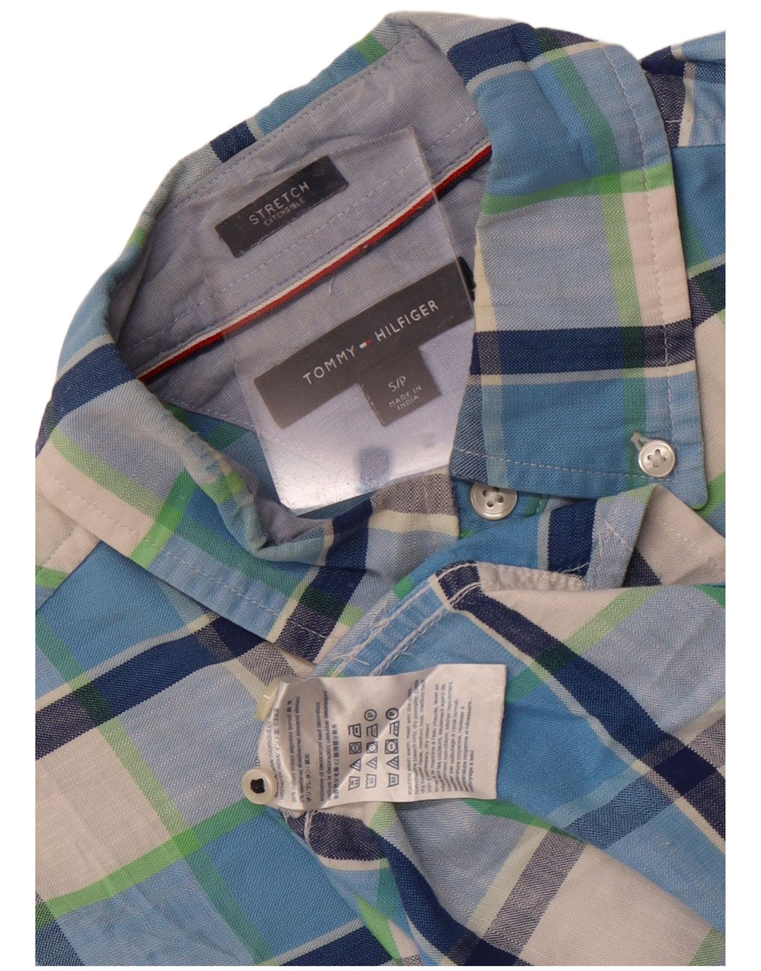 Camisa masculina Tommy Hilfiger Stretch pequena azul xadrez de algodão