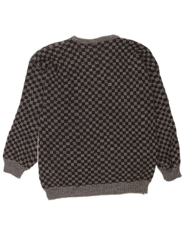 Suéter masculino vintage com pescoço de barco, acrílico geométrico cinza médio
