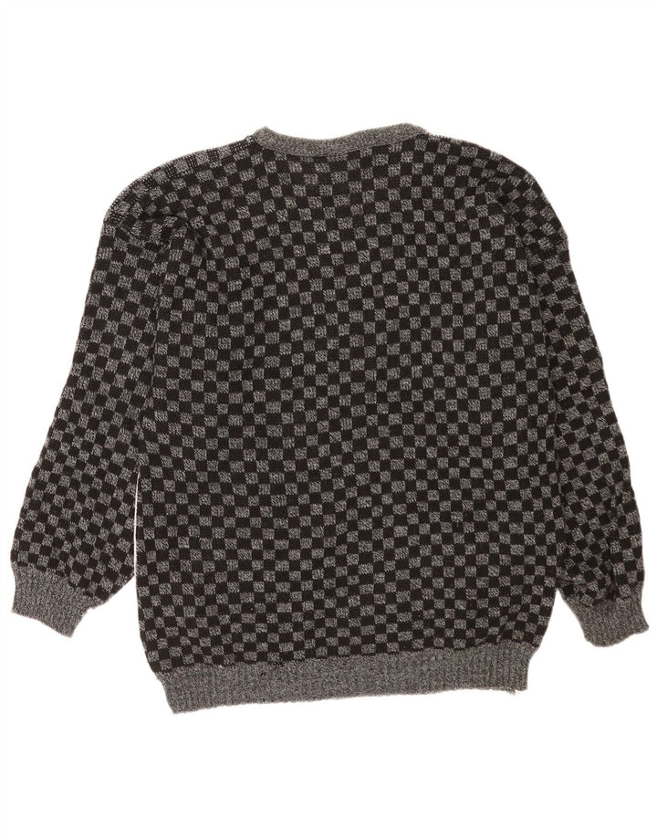 Suéter masculino vintage com pescoço de barco, acrílico geométrico cinza médio