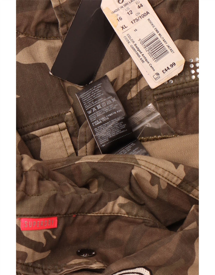 Jaqueta militar gráfica feminina SUPERDRY Reino Unido 16 grande camuflagem verde