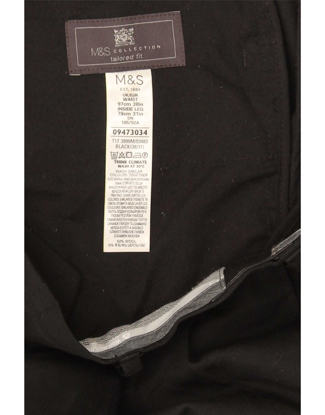 Calça masculina Marks & Spencer com ajuste sob medida W38 L31 lã preta