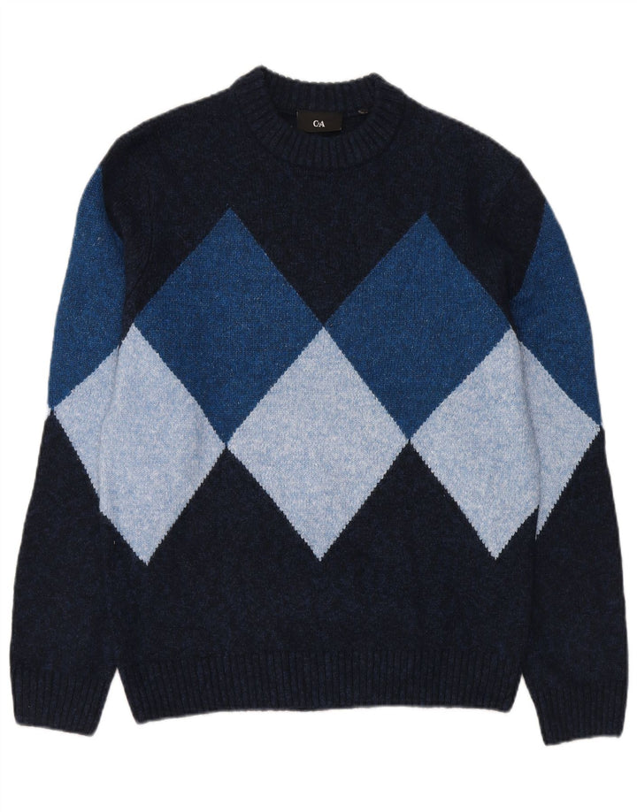 Suéter masculino C&A com gola redonda pequeno azul marinho Argyle/Diamante