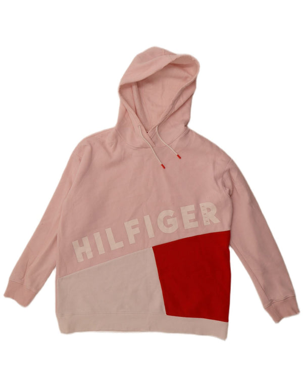Suéter com capuz gráfico feminino Tommy Hilfiger UK 10 pequeno bloco colorido rosa