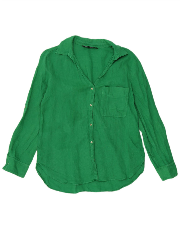 Camisa feminina Zara UK 14 linho verde médio