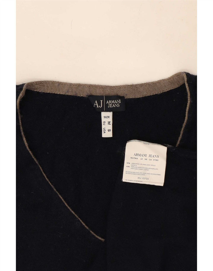 Suéter masculino Armani Jeans com decote em V médio azul marinho lã colorblock