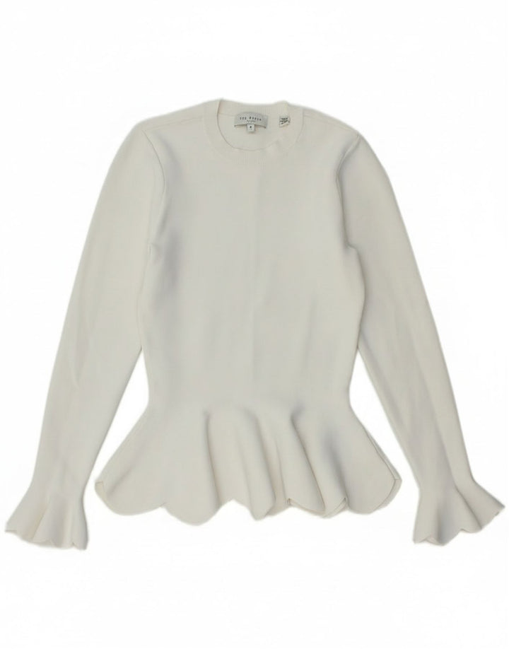 Suéter feminino Ted Baker com gola redonda tamanho 0 2XS viscose branca