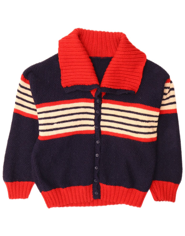 Suéter cardigã feminino vintage Reino Unido 14 grande listrado azul marinho