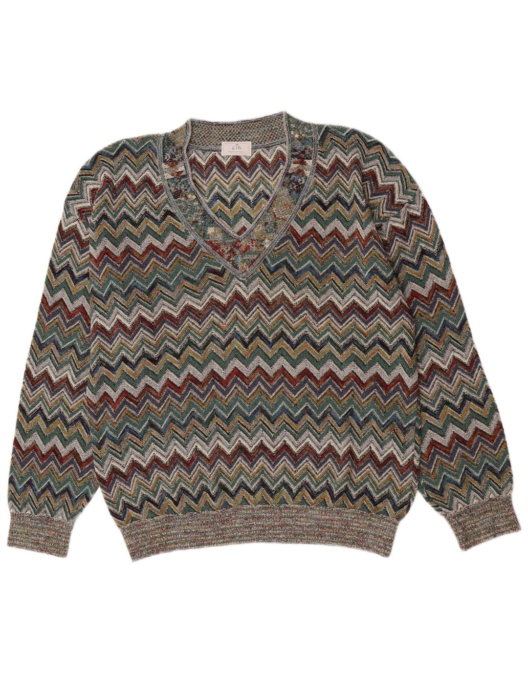 Suéter vintage masculino com decote em V grande acrílico Chevron multicolorido
