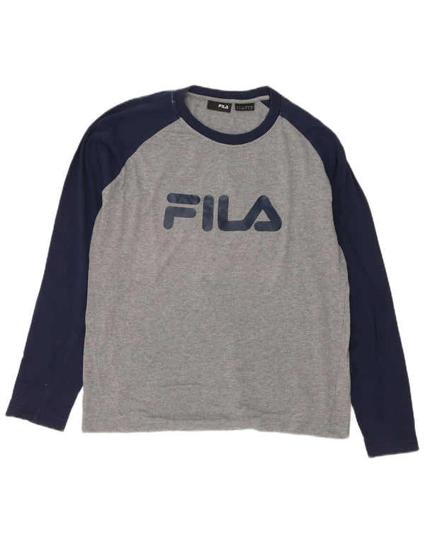 Fila Camiseta masculina gráfica manga comprida pequena cinza colorblock algodão