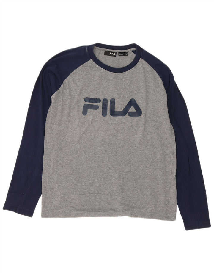 Fila Camiseta masculina gráfica manga comprida pequena cinza colorblock algodão