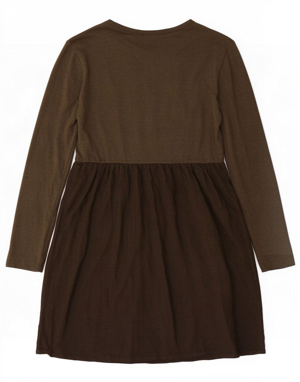 Vestido básico feminino de manga comprida Benetton UK 10 pequeno cáqui colorblock