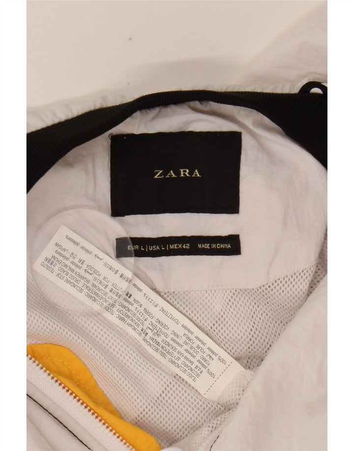 Jaqueta corta-vento masculina ZARA Graphic UK 40 grande bloco colorido branco