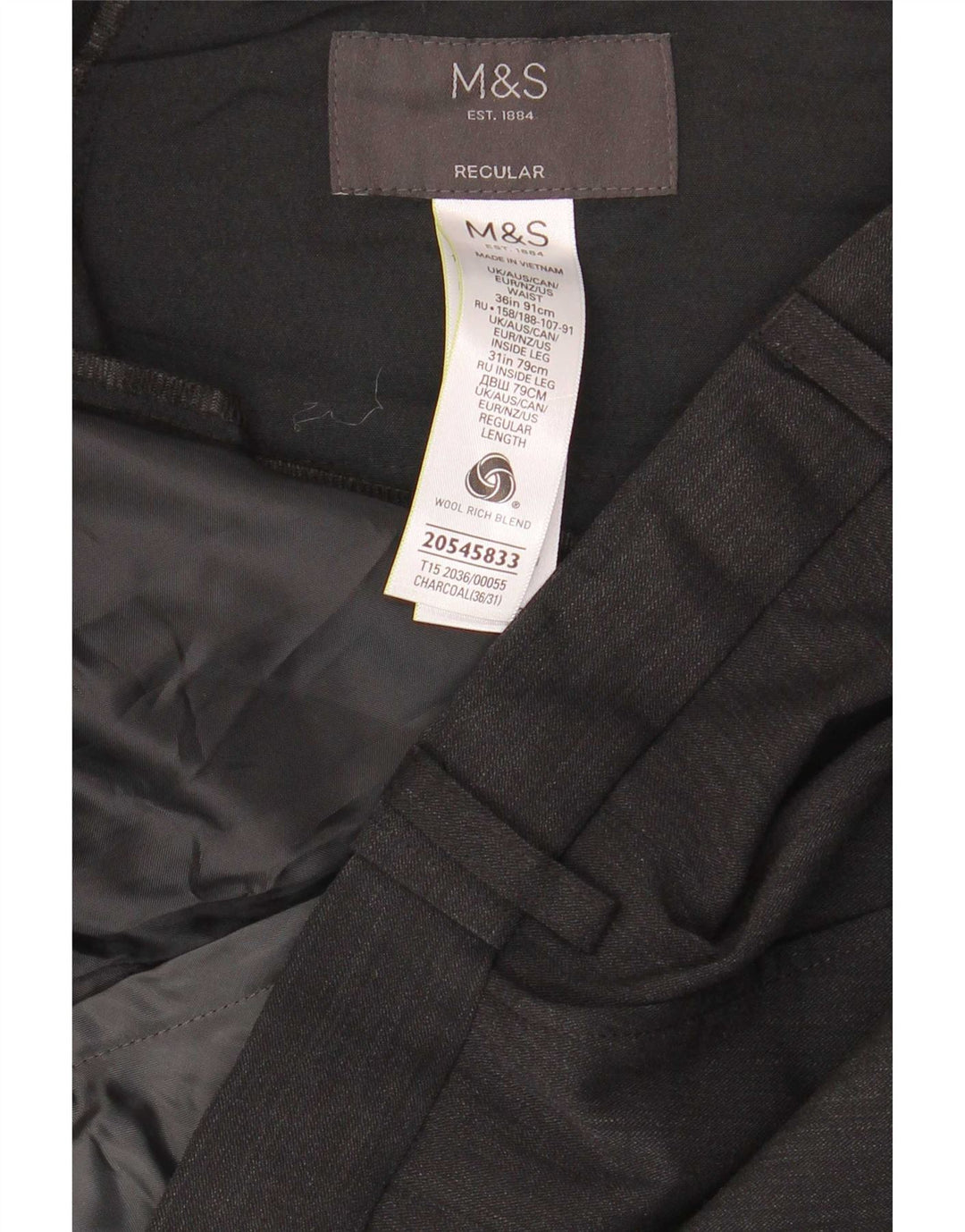 Calça masculina de ajuste regular Marks & Spencer W36 L31 lã cinza
