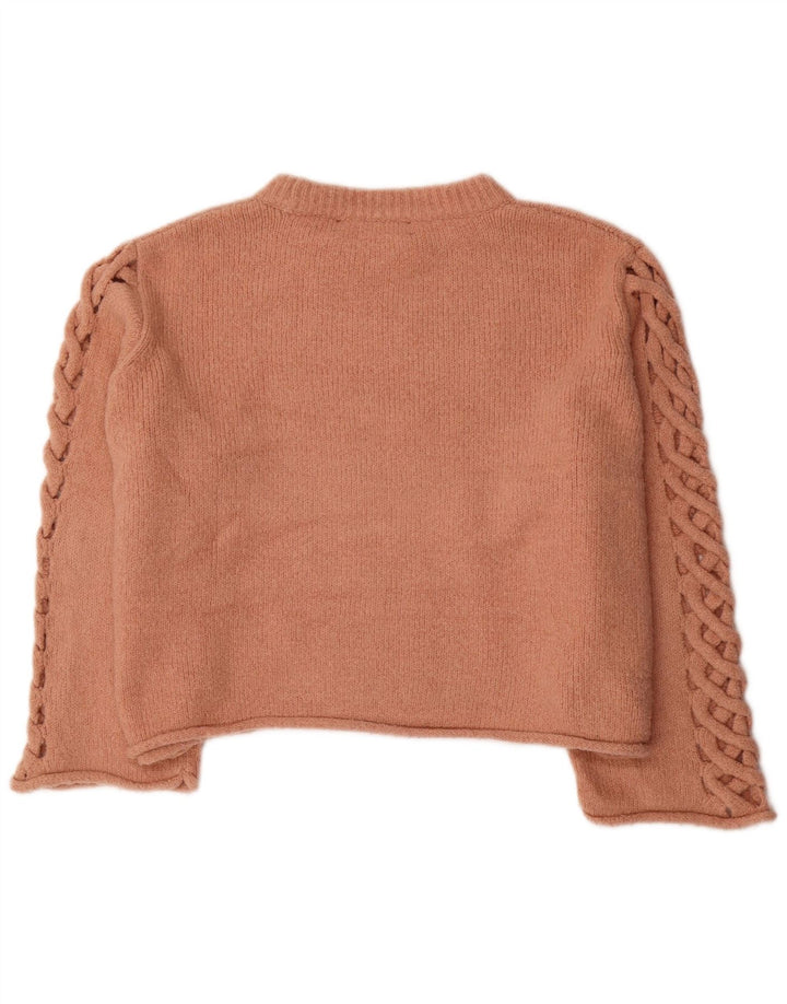 Zara Suéter feminino cropped superdimensionado com gola redonda Reino Unido 14 marrom médio
