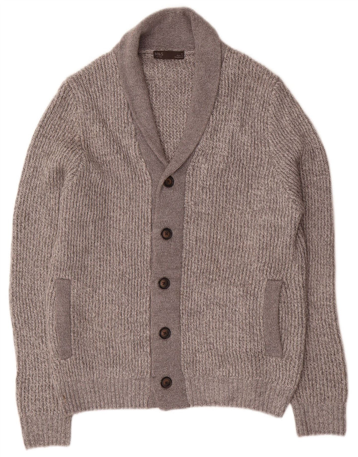 Suéter cardigã masculino Marks & Spencer cinza médio manchado acrílico