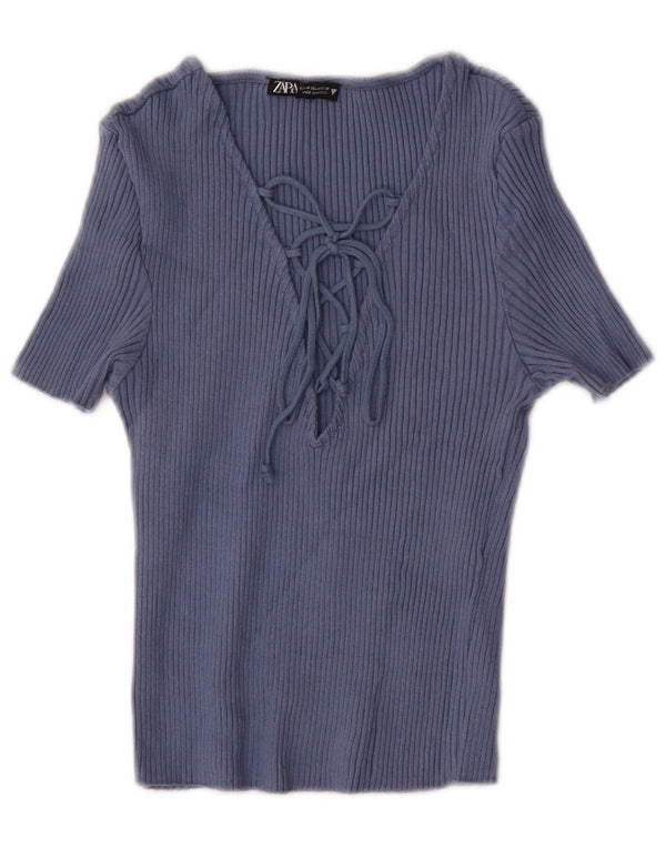 Blusa feminina Zara Top UK 12 algodão azul marinho médio