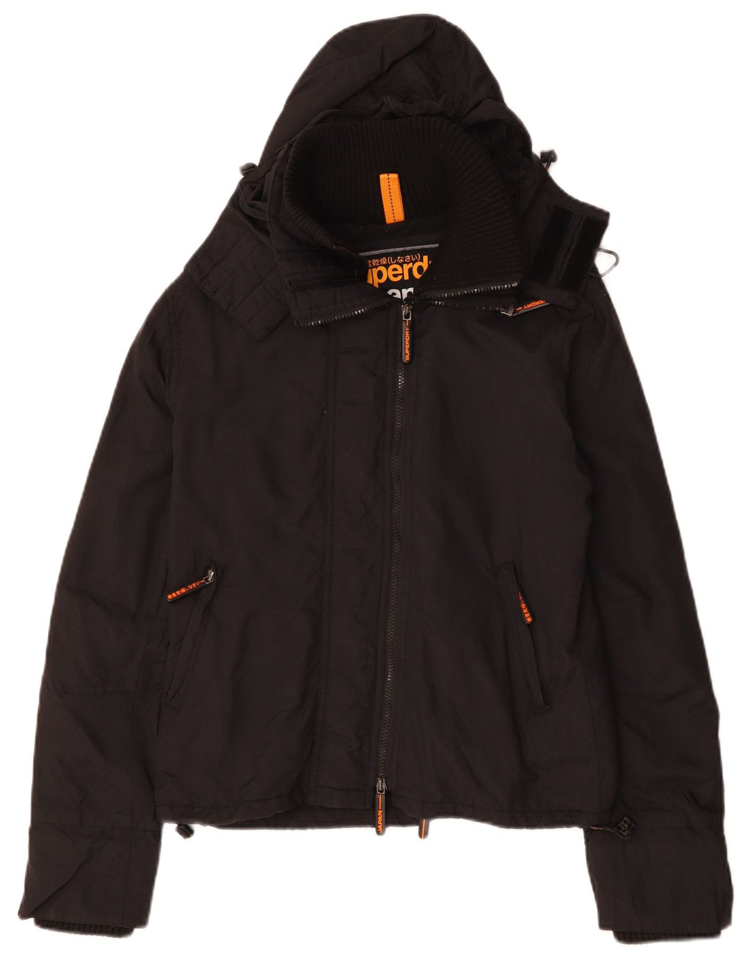 Jaqueta corta-vento com capuz feminina Superdry UK 16 grande poliéster preto