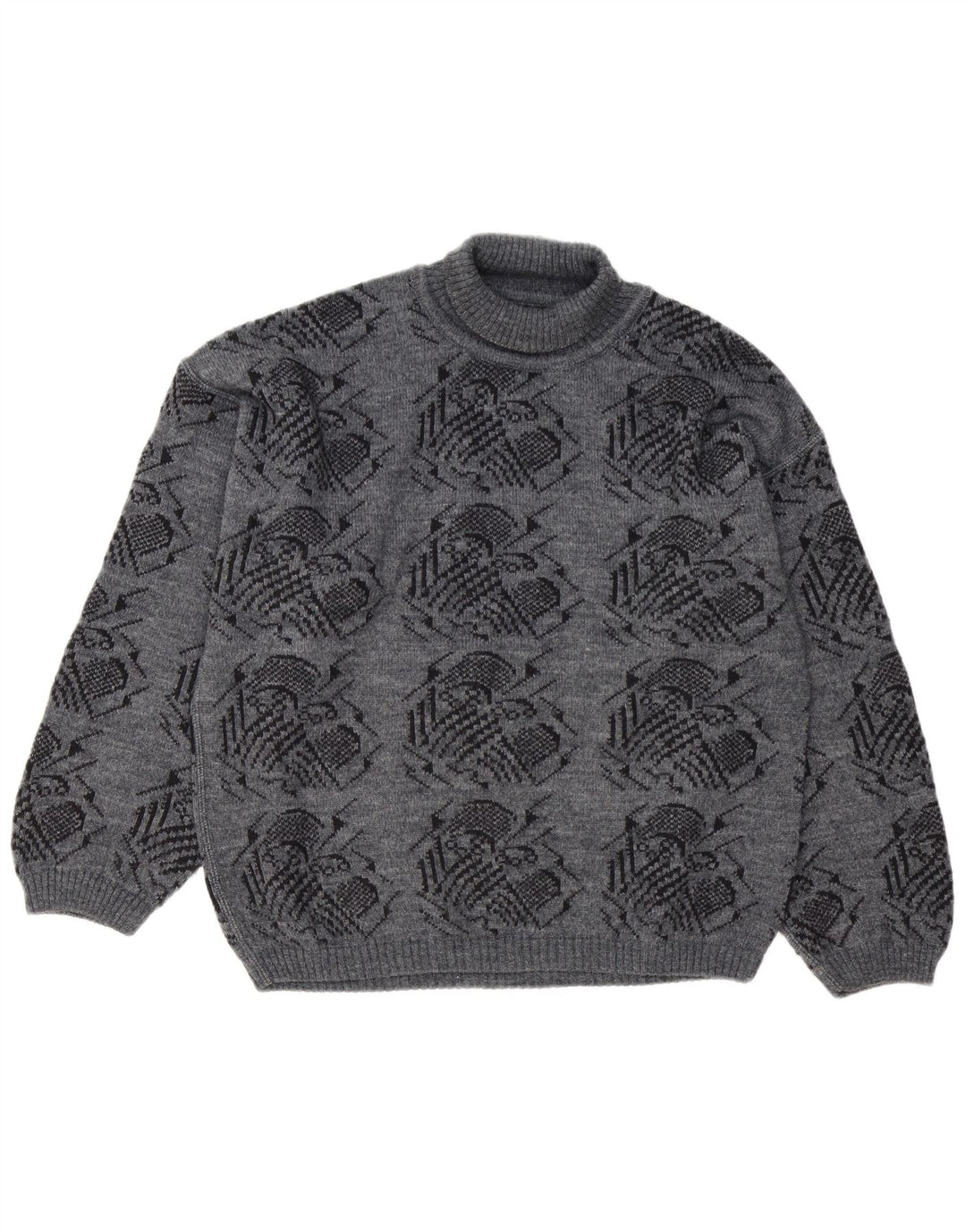 Suéter vintage masculino abstrato Padrão gola alta cinza grande