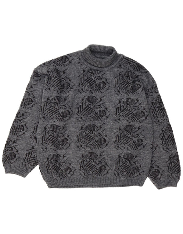 Suéter vintage masculino abstrato Padrão gola alta cinza grande