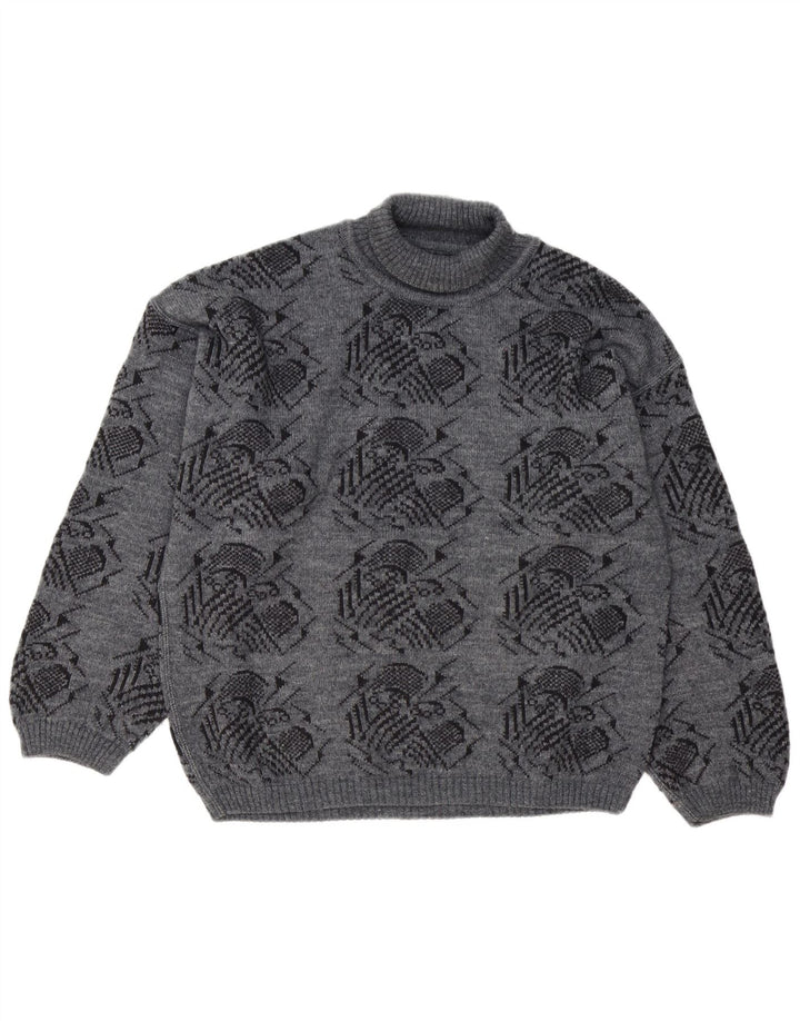 Suéter vintage masculino abstrato Padrão gola alta cinza grande