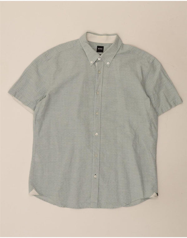 Hugo Boss Camisa masculina de manga curta Slim Fit XL Azul Geométrico Algodão