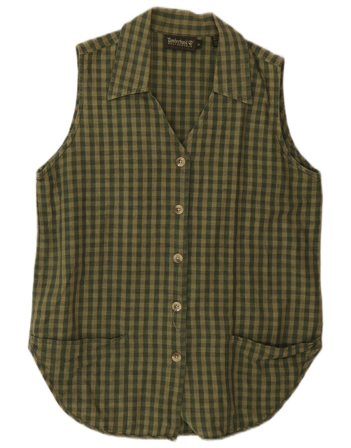 Blusa feminina sem mangas Timberland US 6 médio cáqui gingham linho