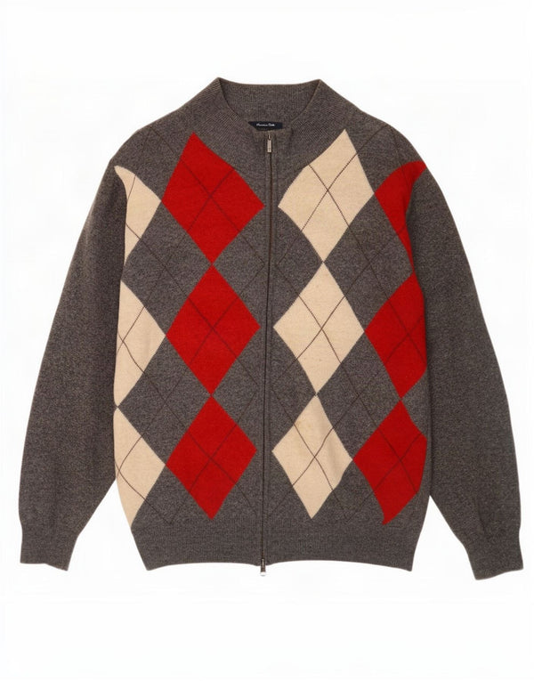 Suéter masculino Massimo Dutti com zíper e gola 2XL cinza Argyle/lã diamante
