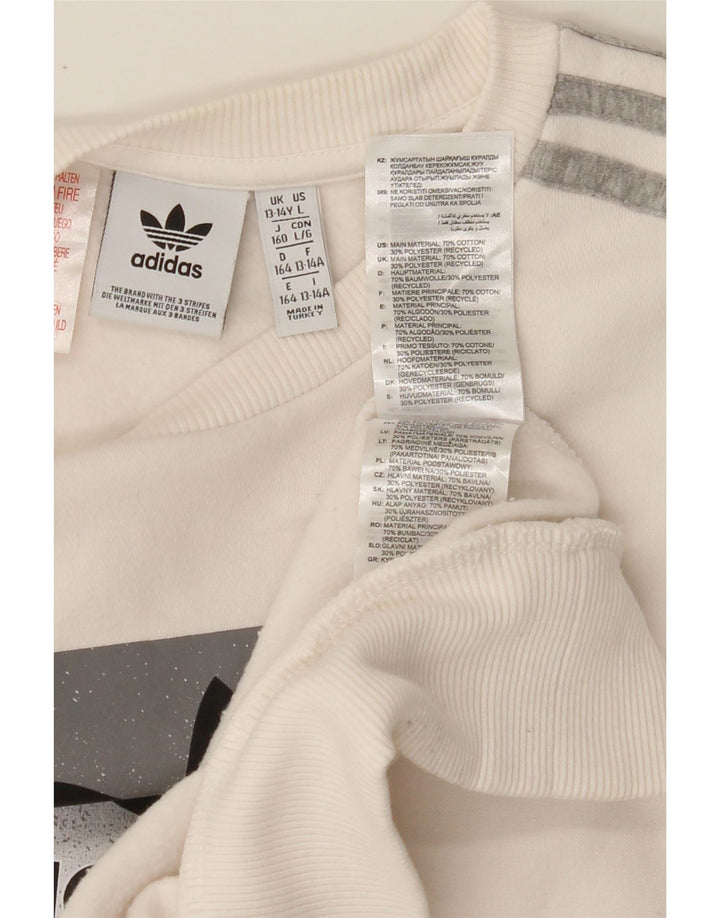 ADIDAS Girls Graphic Sweatshirt Jumper 13-14 Years White Cotton Vintage Adidas and Second-Hand Adidas from Messina Hembry 
