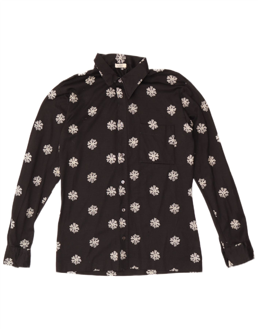 Camisa feminina vintage UK 14 média preta floral