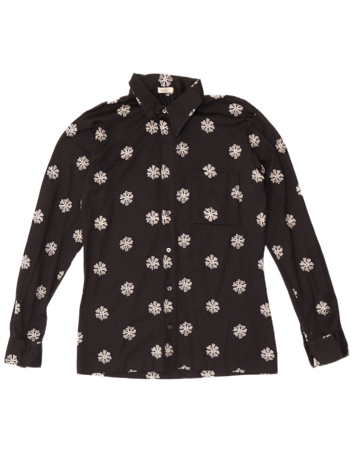 Camisa feminina vintage UK 14 média preta floral