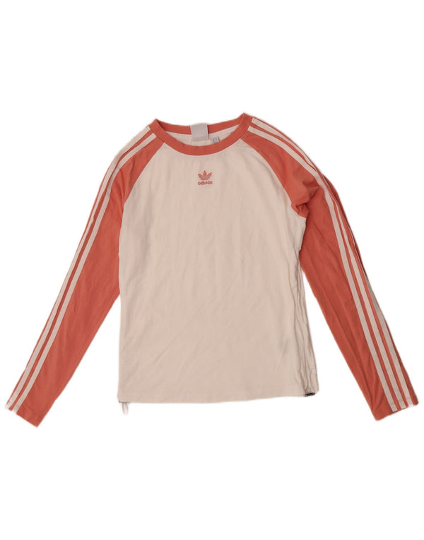 Top feminino Adidas manga comprida UK 12/14 médio branco colorblock algodão