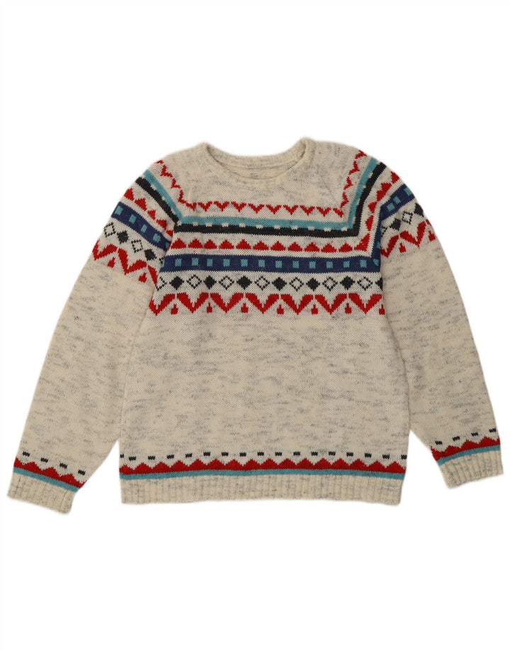 Suéter feminino vintage com gola redonda UK 12 cinza médio Fair Isle