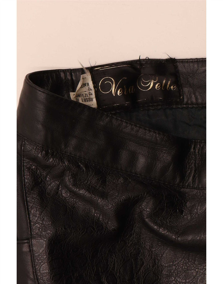 Saia de couro feminina vintage IT 44 médio W28 couro geométrico preto