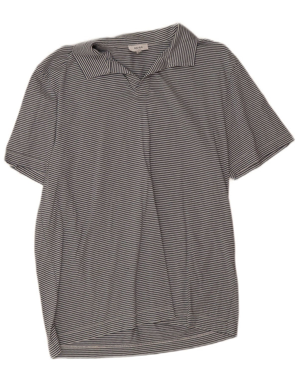 Camisa polo feminina Reiss Reino Unido 14 grande algodão listrado azul marinho