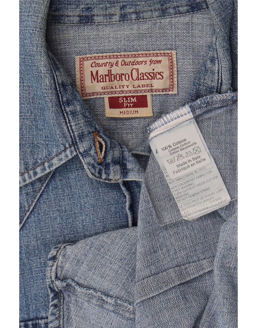 Camisa jeans feminina Marlboro Classics Slim Fit Reino Unido 12 algodão azul médio