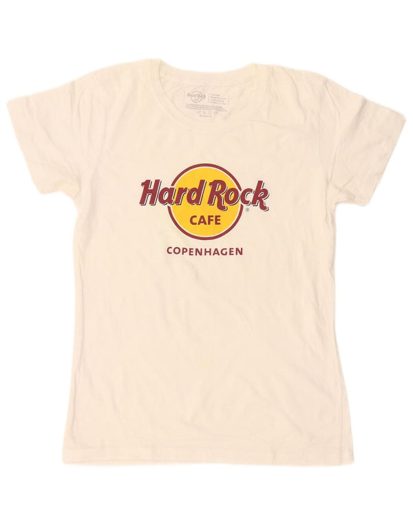 Camiseta feminina Hard Rock Cafe Copenhagen com estampa gráfica UK 12 médio branco