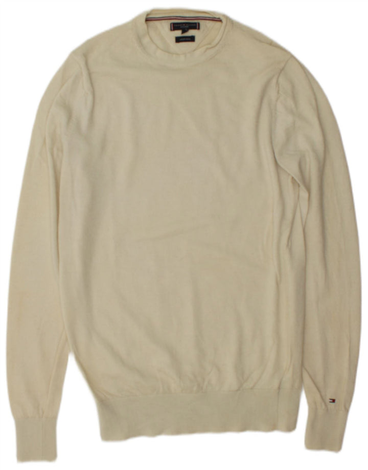 Suéter masculino Tommy Hilfiger com gola redonda sob medida, lã branca média