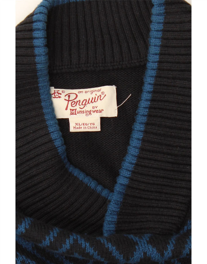 PENGUIN Mens V-Neck Jumper Sweater XL Black Geometric Cotton Vintage Penguin and Second-Hand Penguin from Messina Hembry 