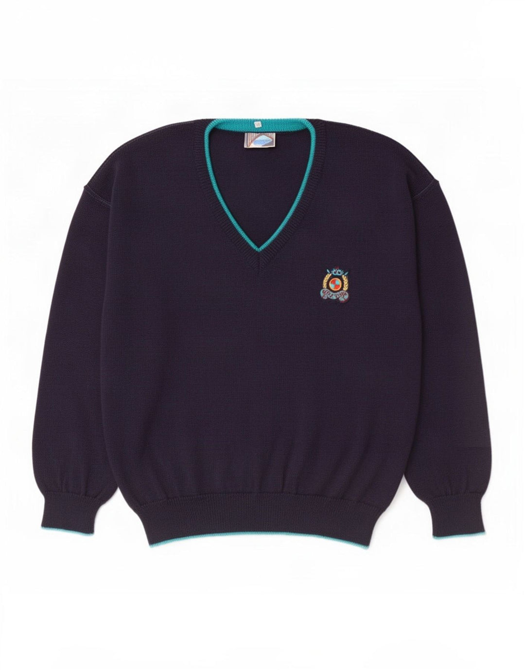 Suéter masculino vintage com decote em V IT 50 lã azul marinho médio