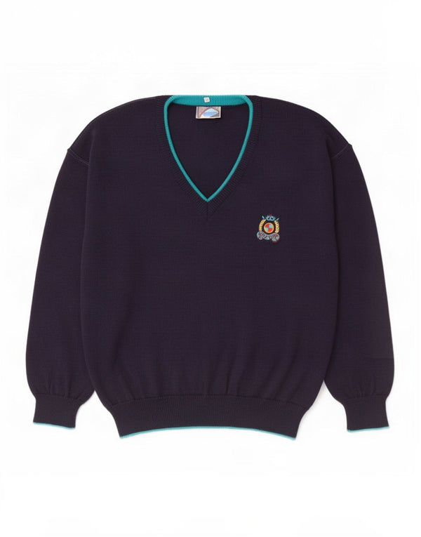Suéter masculino vintage com decote em V IT 50 lã azul marinho médio