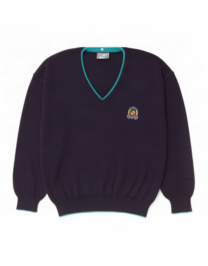 Suéter masculino vintage com decote em V IT 50 lã azul marinho médio