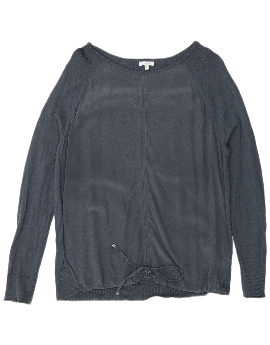 Jigsaw blusa feminina com amarração frontal e manga comprida Reino Unido 16 grande seda azul marinho